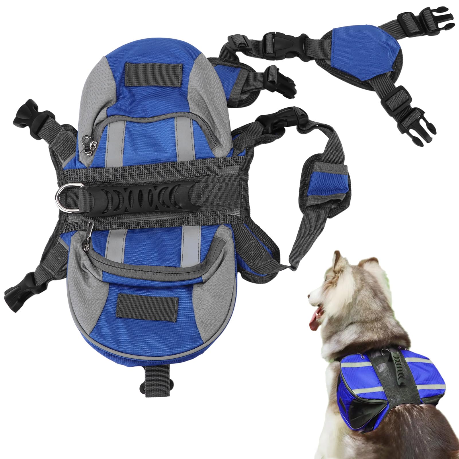 Cyrank Dog Backpack for Hiking, Nylon Dog Pack Tactical Backpack Dog Harness with Side Pockets and Reflective Strip for Walking Training Running (Blue, S)