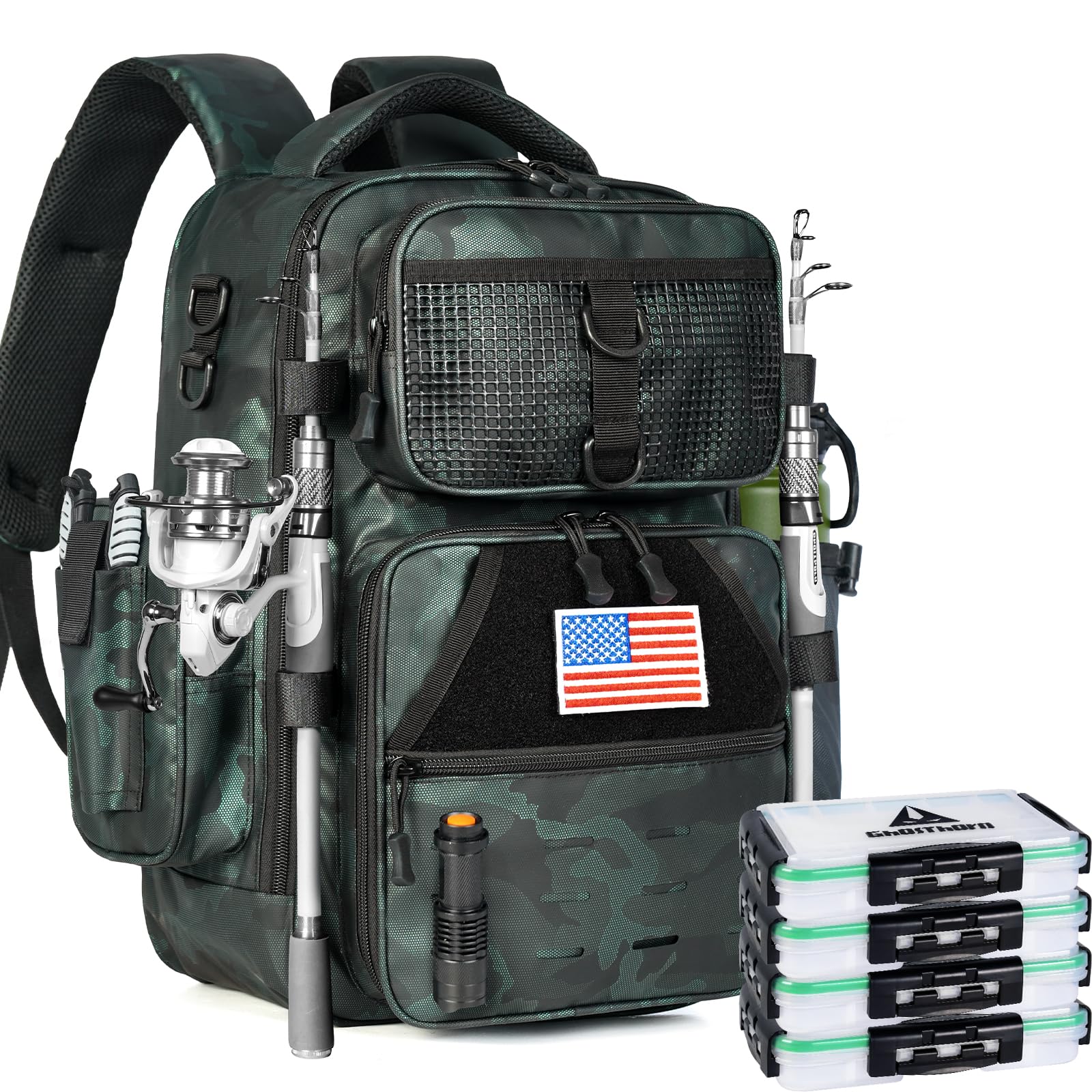 Ghosthorn Fishing Backpack with 4 Tackle Boxes, Instant Workstation, 2 Rod Holders, Waterproof Fish Bag Large Storage Fishing Gear and Equipment (Green Camouflage) Image