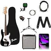 Fender Squier Debut Series Beginner Precision Bass Guitar Kit w/Amp, Black | Includes Rumble 15 amp, padded gig bag, cable, bass guitar starter kit, 2-year warranty, everything included