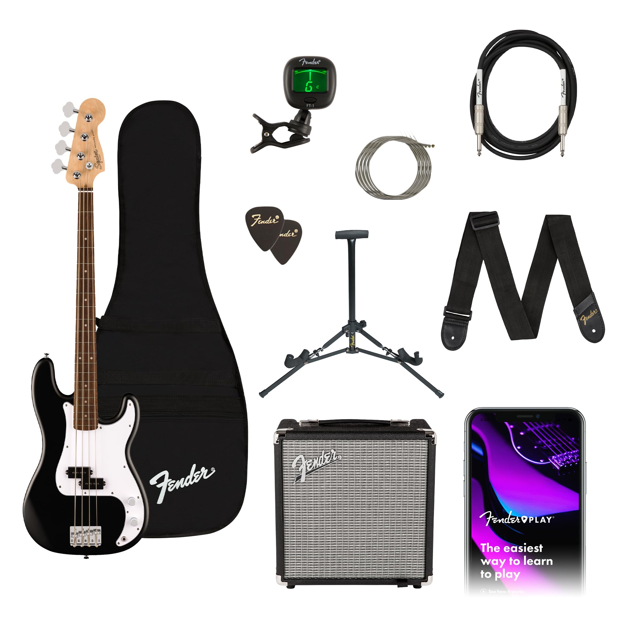 Fender Squier Debut Series Precision Bass Guitar Pack, Beginner Guitar Pack, 2-Year Warranty, Includes Rumble 15 Amplifier, Padded Gig Bag, Instrument Cable, and More, Black with Satin Urethane Finish Image