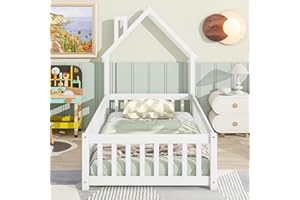 DEINPPA Twin Kids Bed, Wooden Floor Bed with House Shaped Headboard, House Bed Frame with Door Design for Toddler Children Boys Girls-White