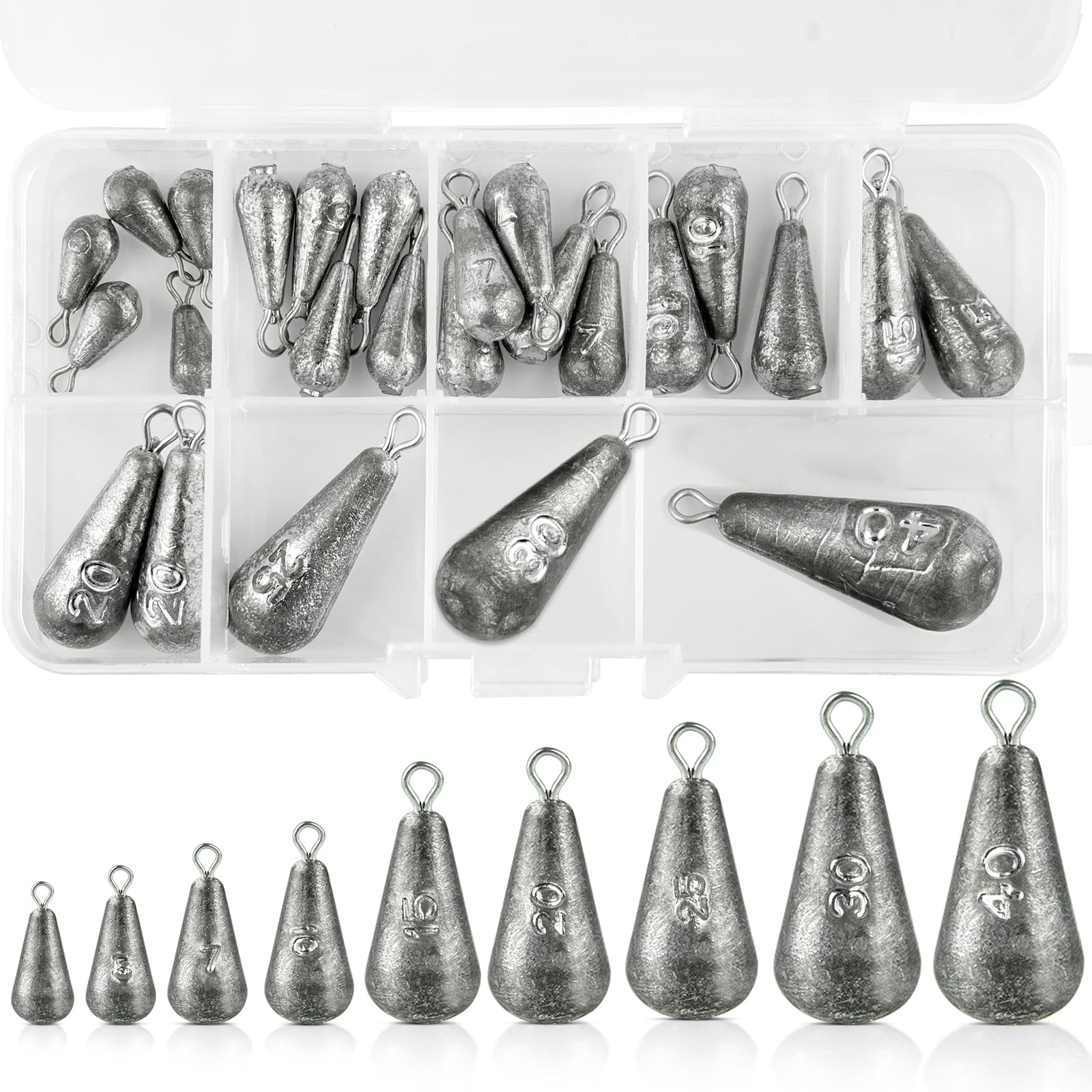 Peaken 25pcs Fishing Weights,9 Size Mixed 3.5g 5g 7g 10g 15g 20g 30g 40g,Small Fishing Weights Sinkers for River, Freshwater, Mackerel (A)