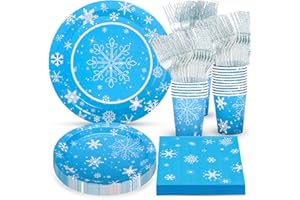 Atonofun Frozen Birthday Party Supplies, Christmas Snowflake Party Plates, Cups, Napkins and Cutlery, Winter Wonderland Party Decorations for Baby Shower, Birthday, Snowflakes Themed Parties Serves 24