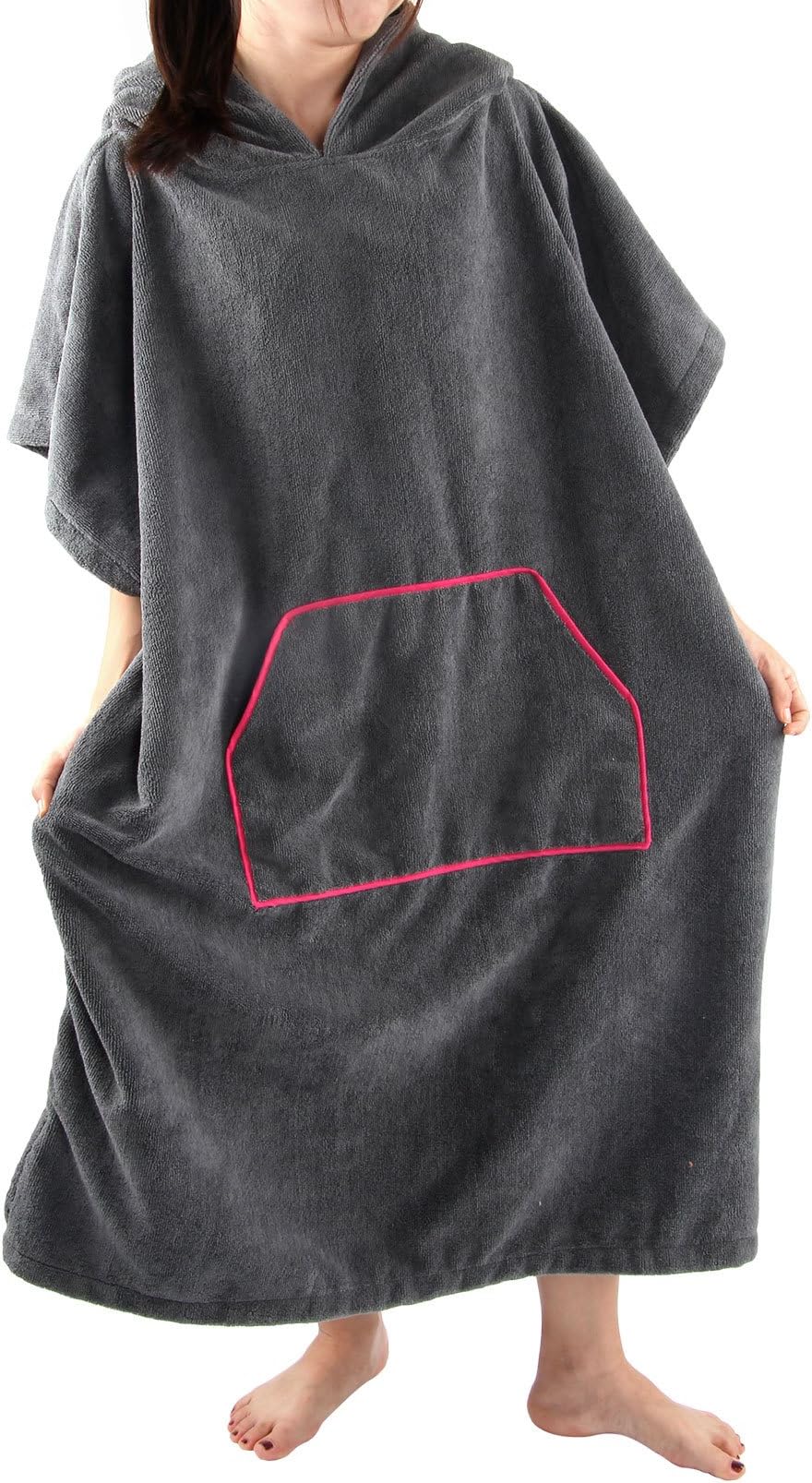 LK Starshine Thick Microfiber Surf Wetsuit Changing Poncho Towel with Hood & Front Pocket & Zip Pocket (4 Colors) – One Size Fit All (Grey)