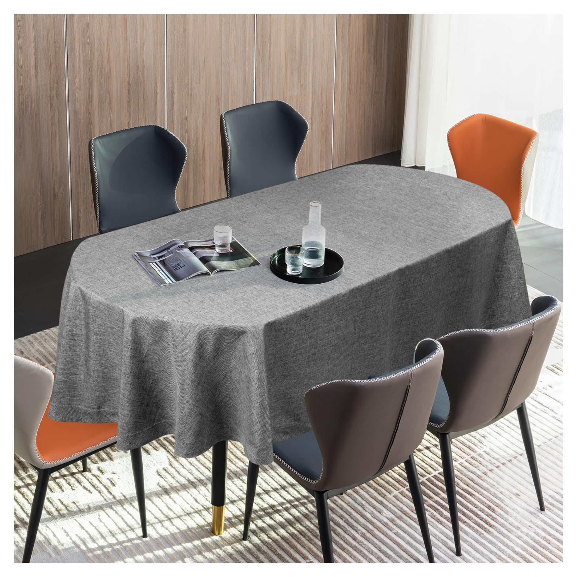 SANLEHAUSE Linen Tablecloth Grey 61 x 102 Inch(155 x 260cm) Oval Handmade Grey Table Cover Natural Environmentally Friendly Material Solid Color Table Cloth Hollow Classic Design