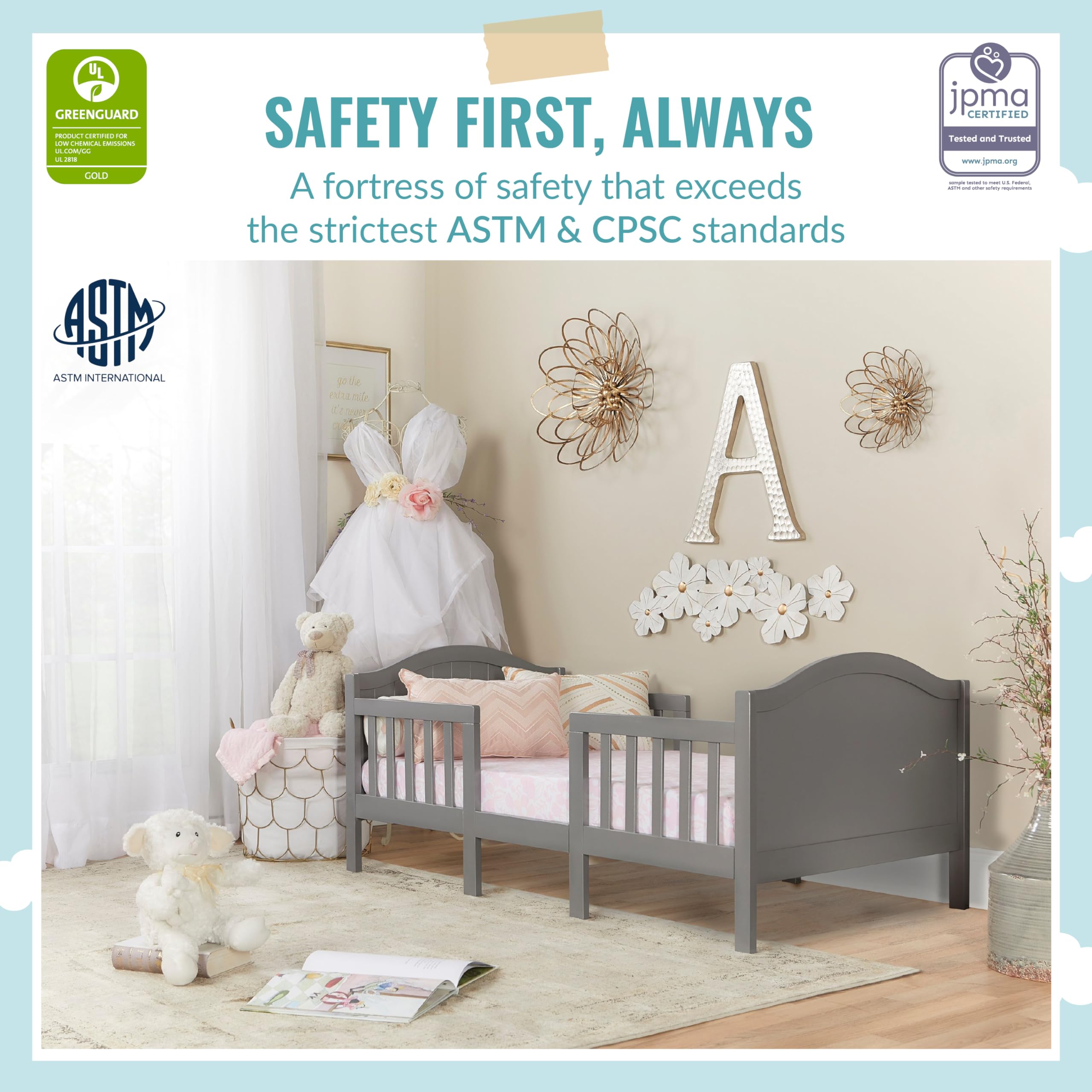 Dream On Me Portland 3 In 1 Convertible Toddler Bed in Steel Grey, Greenguard Gold Certified, JPMA Certified, Low To Floor Design, Non-Toxic Finish, Pinewood