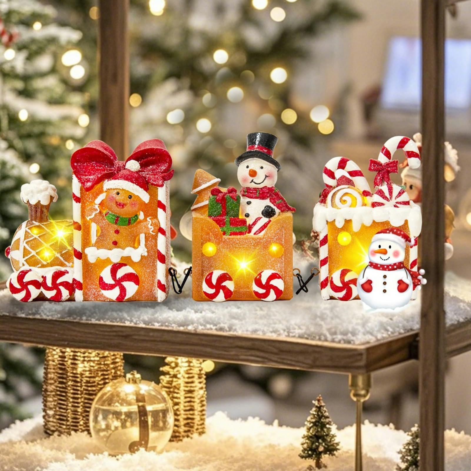 Photo 1 of Resin Christmas Table Decor, Lighted Christmas Decorations Indoor Train Sets with Gingerbread Man and Candy Cane, Christmas Table Centerpieces for Home Room Kitchen Xmas Party Gift (Gingerbread Man)