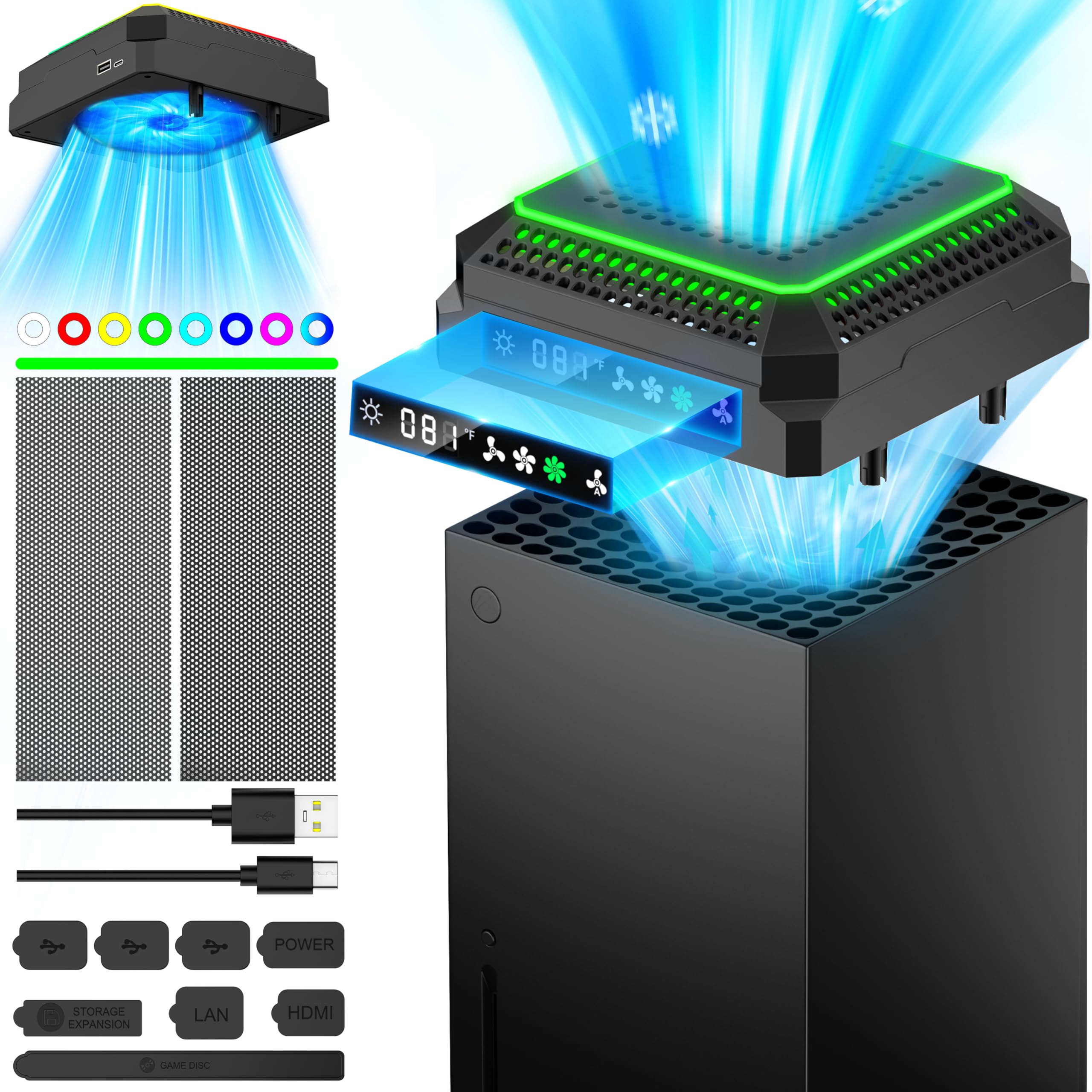 Auto Cooling System Compatible with Xbox Series X w LED Display Whisper Quiet Auto Adjustable by Temperature, Series X Console Cooler Fan,2 USB Port,Rubber Dust Plugs for Xbox 360 Batteries