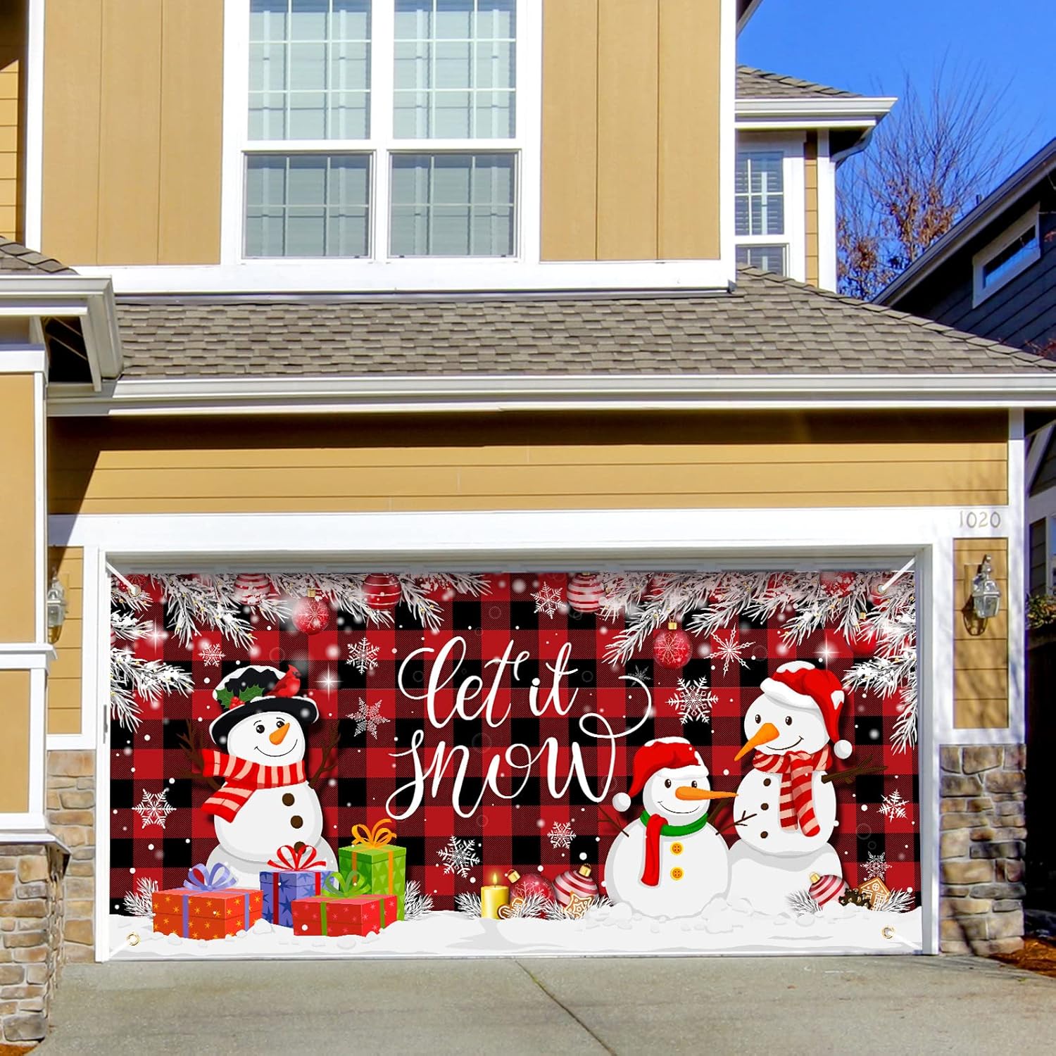 Garage Door Decorations - Moukeren Christmas Garage Door Banner Large 6 x 13 ft 2022 Christmas Backdrop Decoration Happy New Year Outdoor Cover Xmas Tree Garage Door Decor for Holiday Party Photo Background (Let it Snow)
