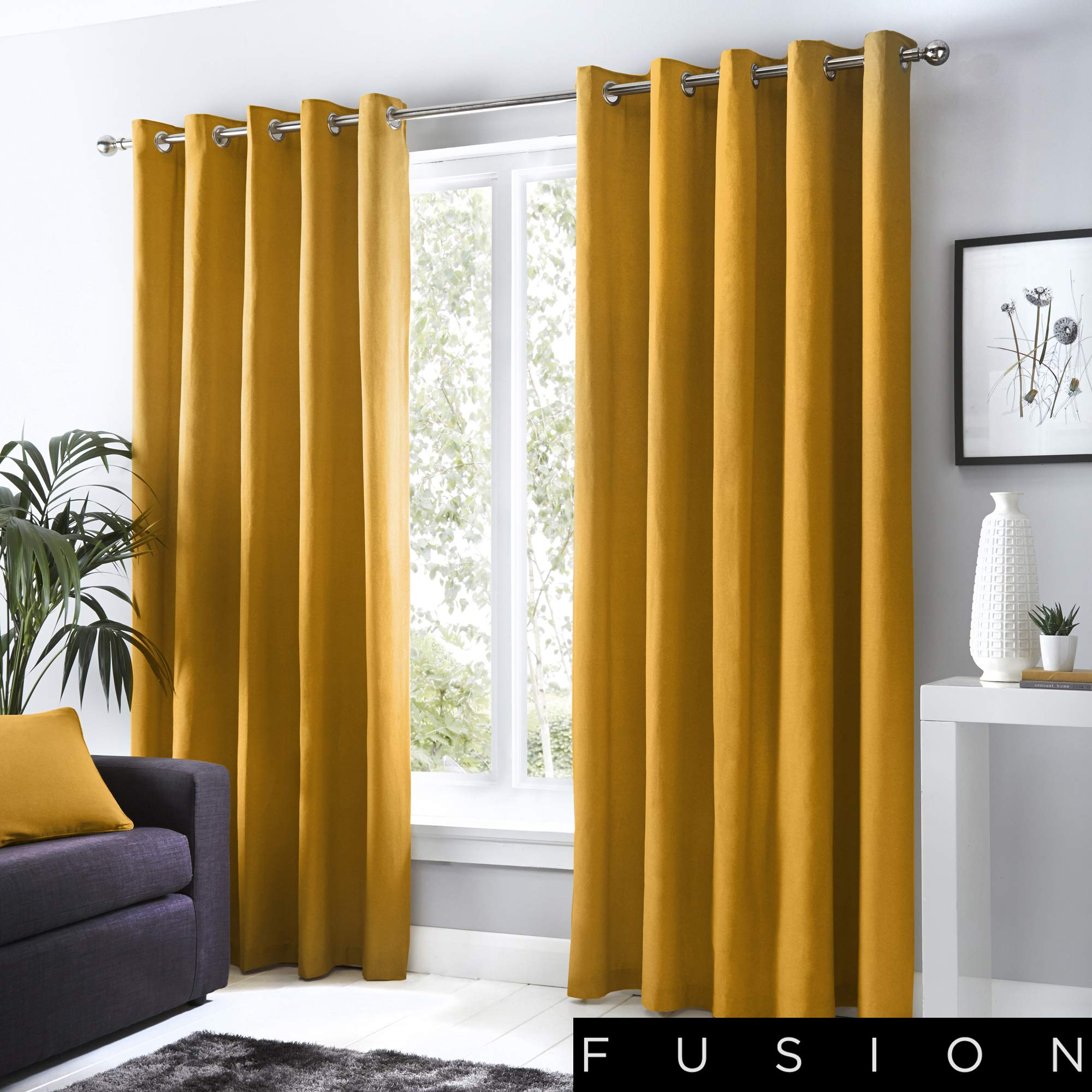 Fusion Sorbonne Ochre Eyelet Curtains – W229 x L183cm (90 x 72") – 100% Cotton Thermal Drapes for Bedroom & Living Room – 2 Panels – Yellow Door Curtains — image 1