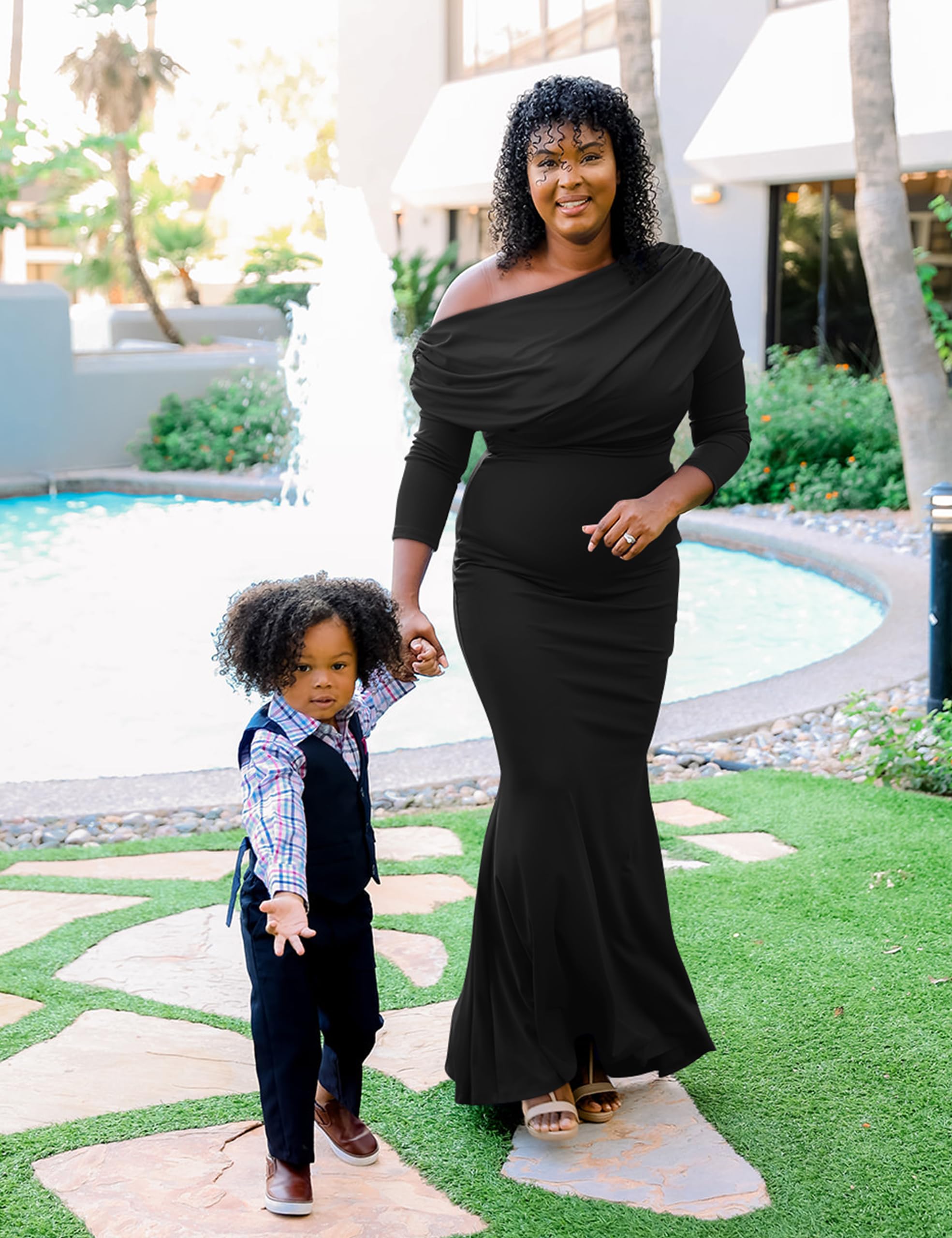 YMDUCH Women's Sexy Elegant Long Sleeve Off Shoulder Bodycon Long Evening Formal Dress