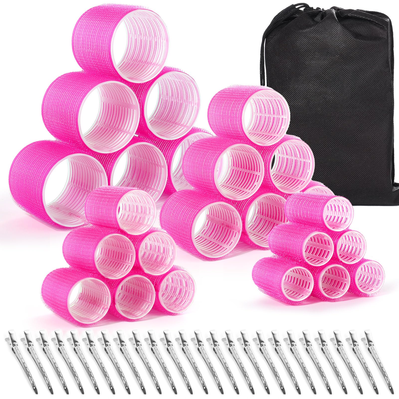 Rollers Hair Curlers 48 Pcs Set with 4 Sizes (6 Jumbo/6 Large/6 Medium/6 Small Rollers) and 24 Pcs Hair Clips for Long, Medium, Short Hair (Pink)