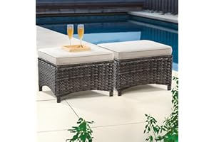 MeetLeisure Outdoor Ottomans for Patio Set of 2 PE Wicker Steel Frame Outdoor Footstool with Removable Olefin Cushions for Patio, Backyard and Deck, Beige