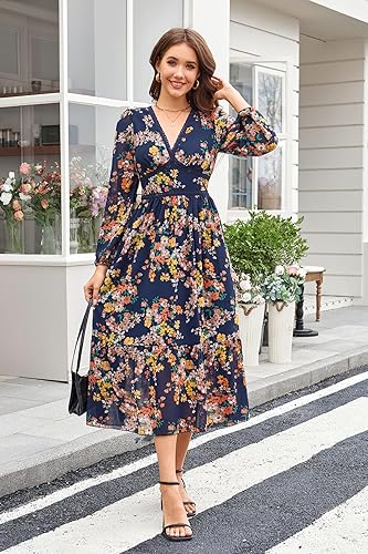 Women's Spring Wrap Maxi Dress Floral V Neck Long Sleeve Wedding Guest  Party Casual Chiffon Dress Navy M in Dubai - UAE | Whizz Casual
