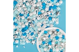 Edible Frozen Sprinkles,Blue Heart White Snowflake Silver Star Pearl Jimmies Mix,130g/4.58oz,Winter Sugar Sprinkle for Decora