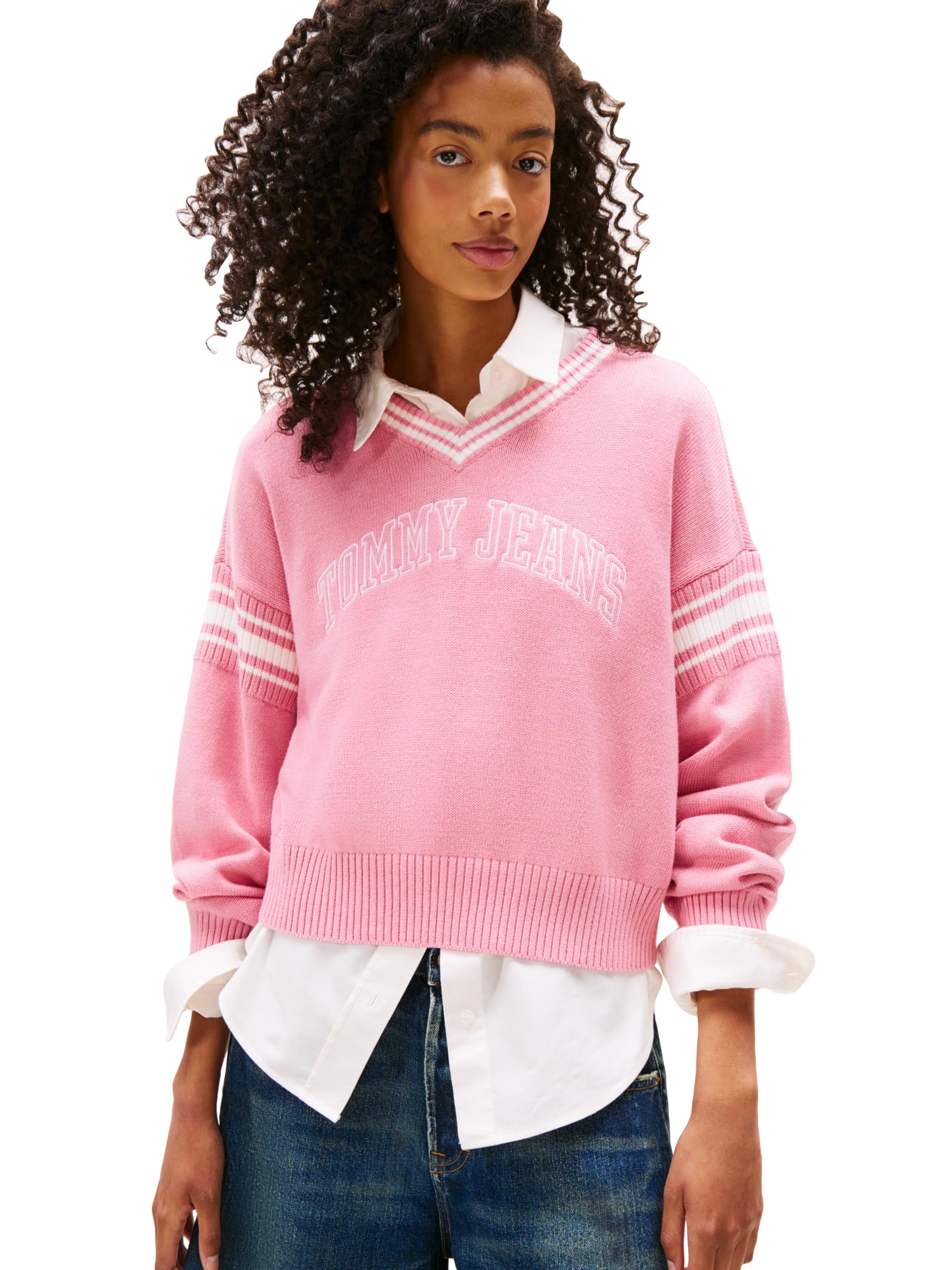 Tommy Jeans Womens Varsity V-Neck Sweater, Mystic Pink Small
