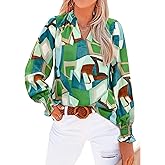 MASCOMODA Womens V Neck Floral Long Sleeve Tops 2026 Summer Casual Loose Puff Sleeve Chiffon Boho Work Blouse Dressy T Shirts