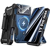 Goton 4in1 for iPhone 17 Pro Max Case with Belt Clip Holster, Privacy Tempered Glass Screen Protector & Camera Lens Protector, Compatible with MagSafe, Heavy Duty, Shockproof Phone Cover