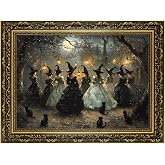 Midnight Gathering of Witches and Black Cats Poster Canvas Wall Art Vintage Gothic Coven Print Whimsigoth Halloween Decor Dark Academia Witchy Home Bedroom Living Room Decoration 16x12 inch Vintage Black Frame