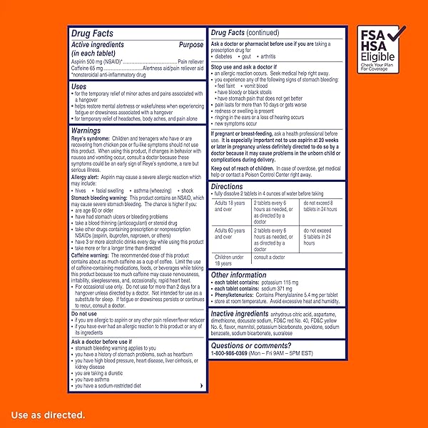 ALKA-SELTZER HANGOVER RELIEF TABLETS, FAST RELIEF STARTS IN ABOUT 15 MINUTES FOR HEADACHES, BODY ACHES & MENTAL FATIGUE, BACHELORETTE PARTY & BACHELOR PARTY, DISPENSER PACK, 120 COUNT