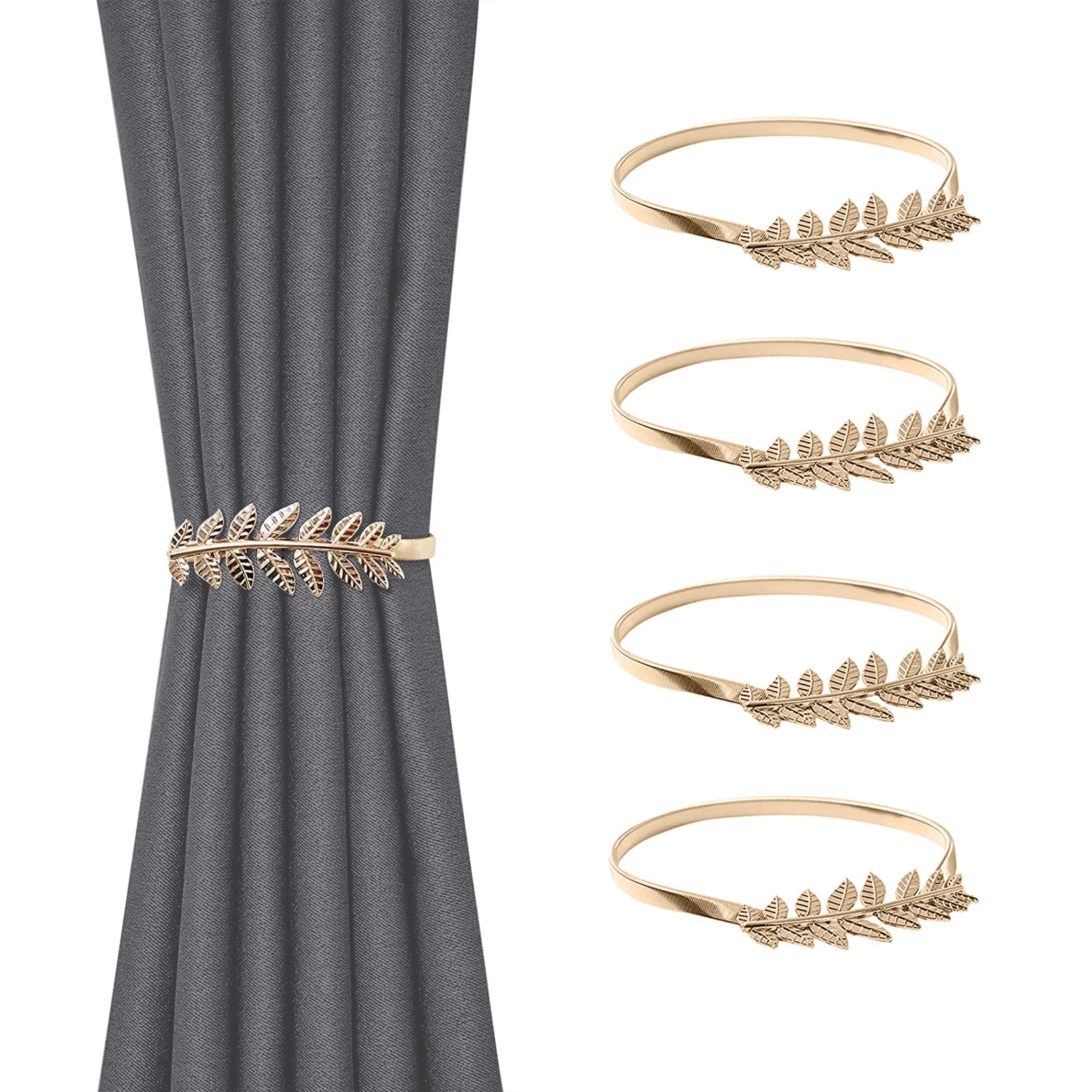 4 Pack Curtain Tie Backs, Gold Leaves Curtain Tiebacks Adjustable Curtain Holdbacks Modern Simple Style Drape Tie Backs, Metal Curtain Buckle Clips for Home Hotel Office Window Drapery Decoration