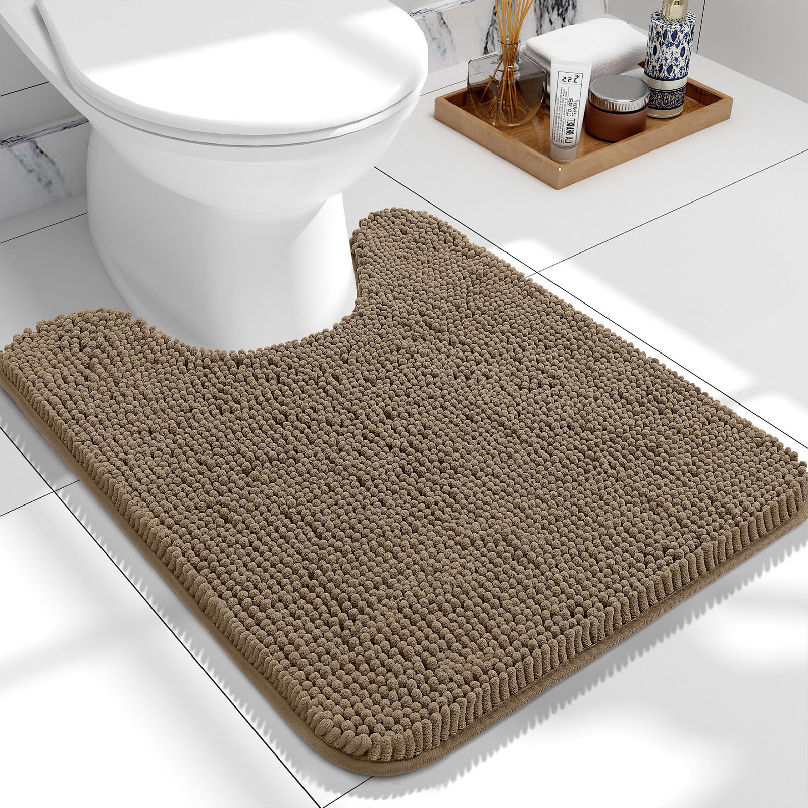 Photo 1 of OLANLY Toilet Rugs U-Shaped 24x20, Extra Soft Absorbent Chenille Contour Bathroom Rugs for Toilet, Dry Quickly, Machine Washable, Non-Slip Bath Mat, Tan