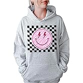 TEEAMORE Smile Face Sweatshirt Checkered Lightning Bolt Vintage Positive Women Crewneck