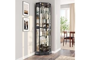BELLEZE Lighted 3-Side Glass Display Curio Cabinet with Tempered Glass Doors and Shelves, Curved Wood Corner Cabinet with Bulb, Corner Curio Storage Rack for Bar and Liquor Storage - Ashfield (Black)