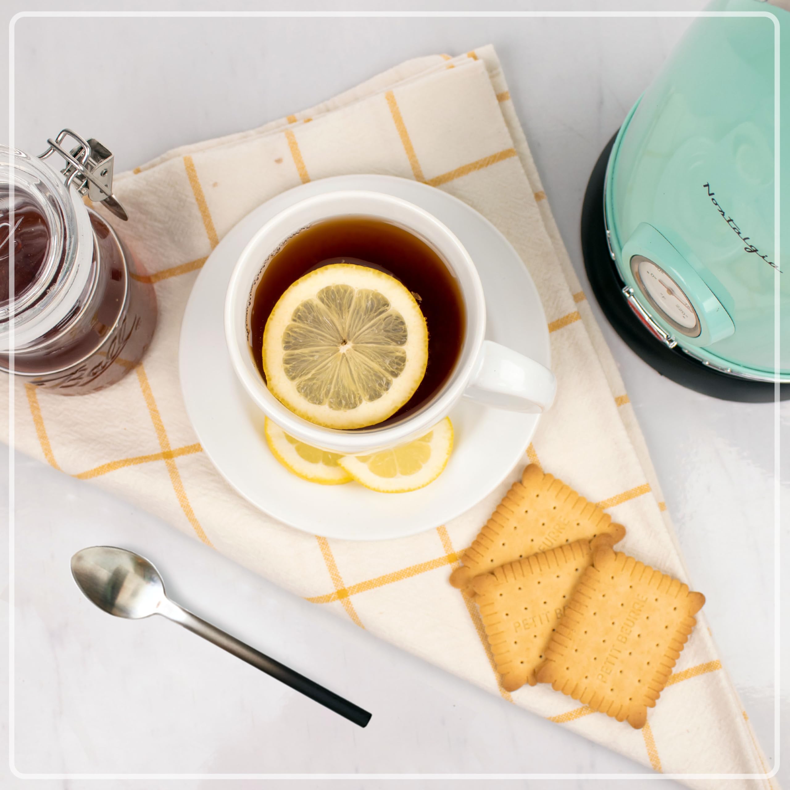 Hervidor eléctrico de té y agua Nostalgia Retro de acero inoxidable, 1,7 litros, apagado automático y protección contra ebullición en seco, ventana indicadora de nivel de agua, Aqua