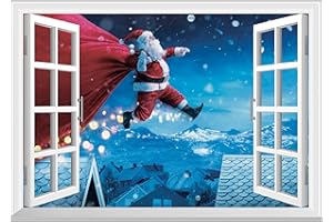 FLFK Fake Window Wall Decal - Santa Carrying Gifts on the Roof Faux Window Wall Mural for Wall Decor, Peel and Stick Wall Sti