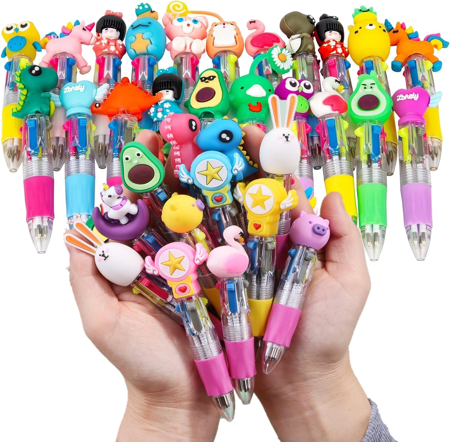 KAHEIGN 32Pcs Cartoon Ballpoint Pen, 4-in-1 Multicolor Ballpoint Pen 10CM Retractable Cute Pen 0.7mm Thick Point Pen for Office School Supplies Students Children Gift Party Bag Fillers