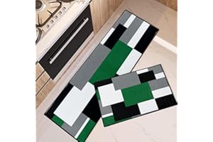 Tayney Emerald Green Home Kitchen Rugs and Mats Non Skid Washable Set of 2, Geometric Kitchen Mats for Floor, Abstract Checked Kitchen Runner Rug, Black Grey Kitchen Decor