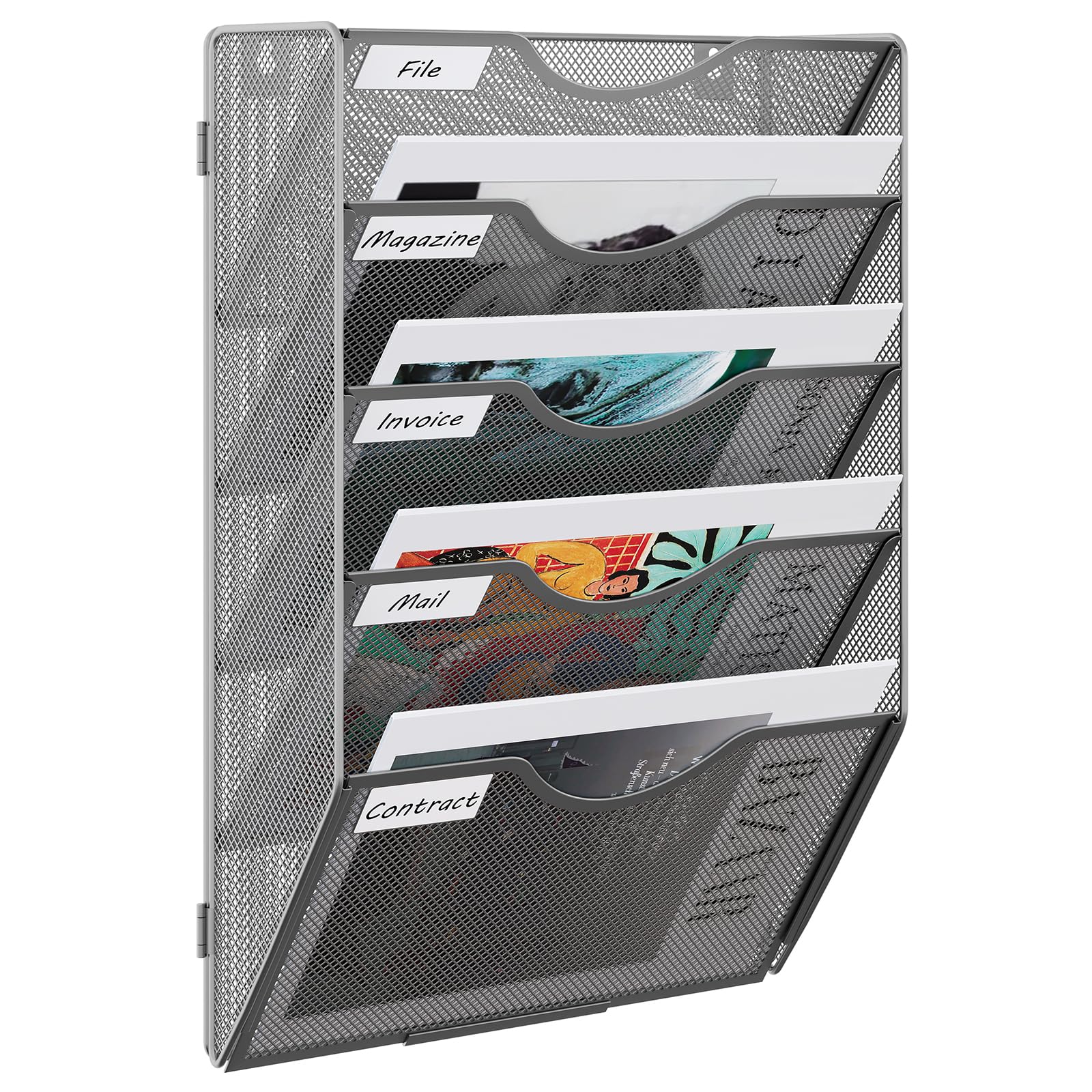 EasyPAG 5 Tier A4 Mesh in Tray Assemble Wall Pocket File Holder Hanging Mail Organiser Magazine Storage Rack,Silver