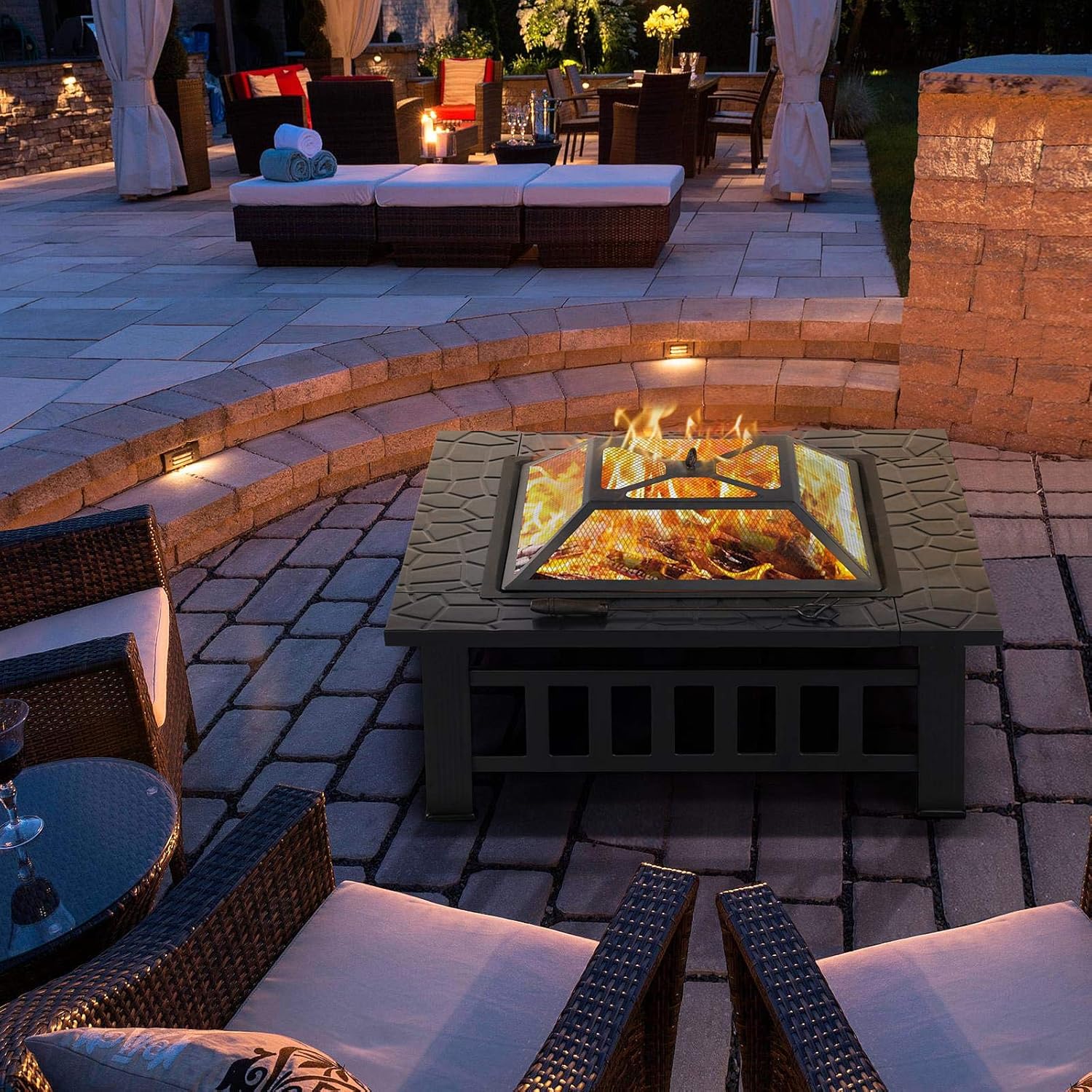 YAHEETECH 32in Outdoor Metal Firepit Square Table Backyard Patio Garden Stove Wood Burning Fire Pit with Spark Screen, Log Poker and Cover: Sports & Outdoors
