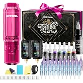 Neebol Wirless Tattoo Gun Kit, 2PCS Batteries Set for Beginners &amp; Artists | Pink dual 1600mAh Tattoo Machine kit 20 Cartridge Needles &amp; 8 Color Inks, Full Tattoo Supplies for Home &amp; Studio practice