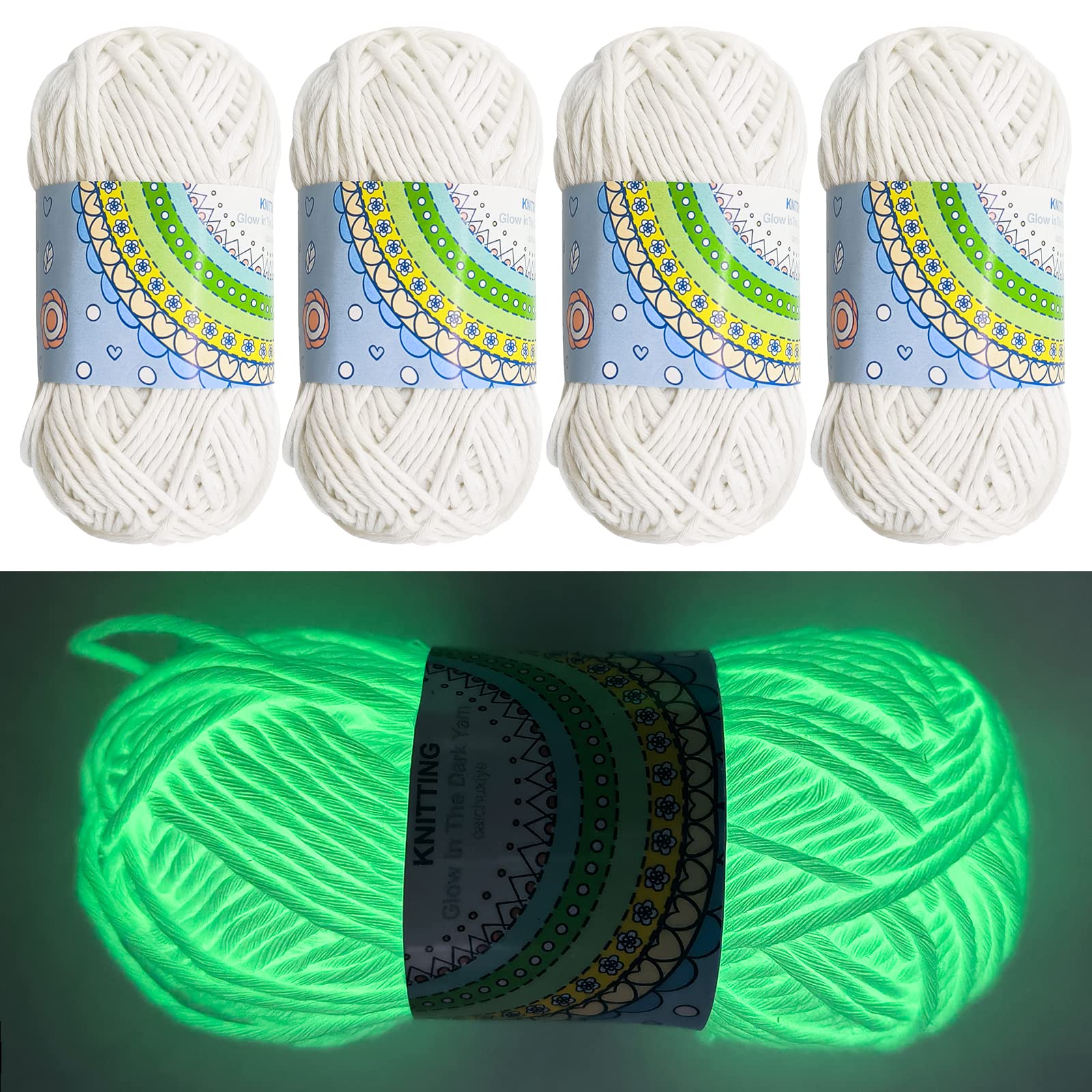 4 Pcs Glow in The Dark Yarn, Sewing Supplies,(55yd) for Crocheting for DIY Arts, Crafts & Sewing Beginners Glow in The Dark Party (White)