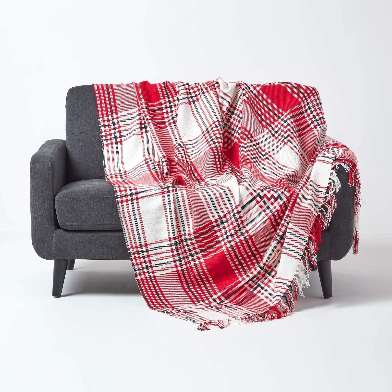 HOMESCAPES Extra Large Red Tartan Throw 100 x 140 Inches or 254cm x 355cm, 100% Cotton Sofa throw for Large 3 Seater and 4 Seater Settees and Sofas