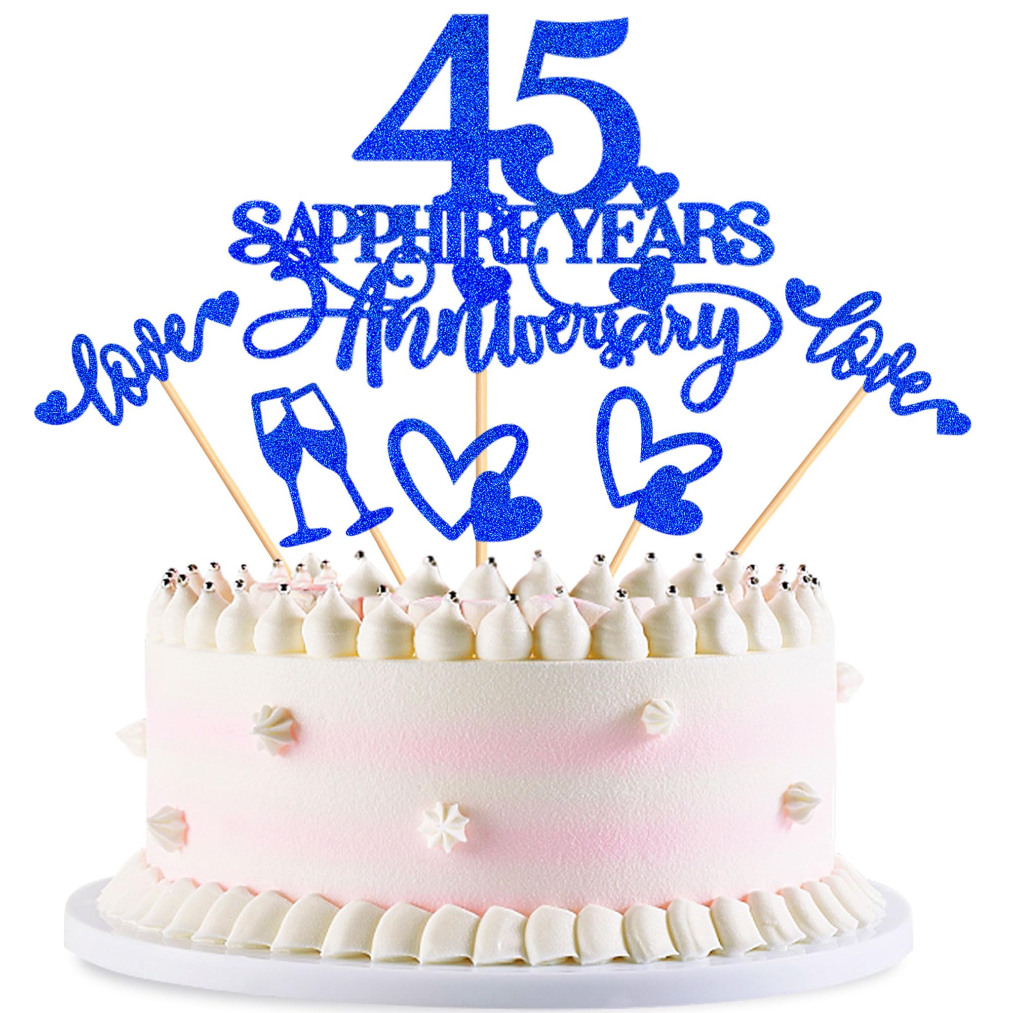 Blumomon 25Pcs 45th Anniversary Cake Toppers Sapphire 45th Weddding Anniversary Heart Cake Decoration for 45 Sapphire Wedding Celebration Party Supplies
