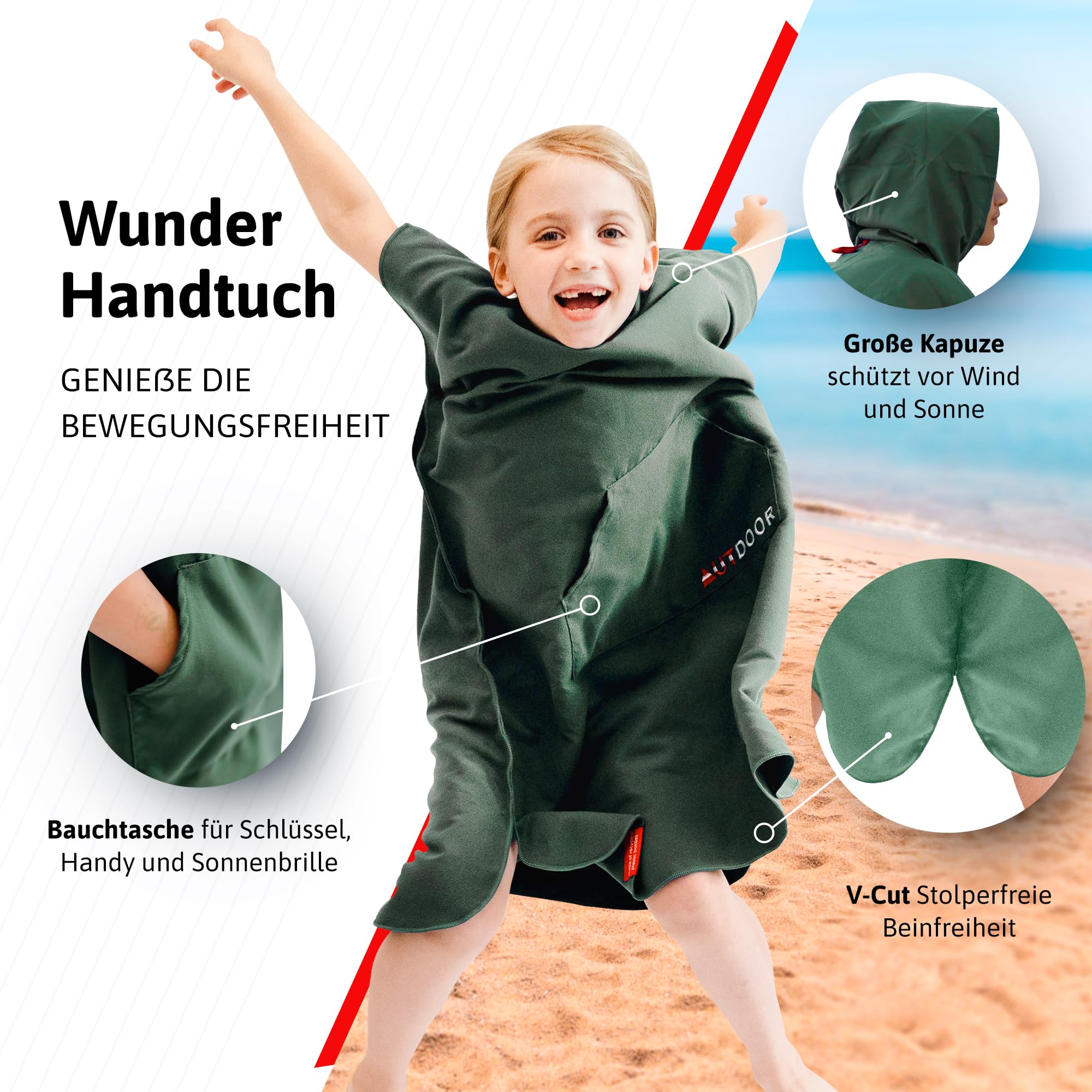 AUTDOOR® Mikrofaser Badeponcho Damen & Herren - nachhaltig aus 100% recycelten PET-Flaschen - Handtuch als Umziehhilfe für Strand und Wassersport - schnelltrocknend & kompakt (Grün, Kids) 5
