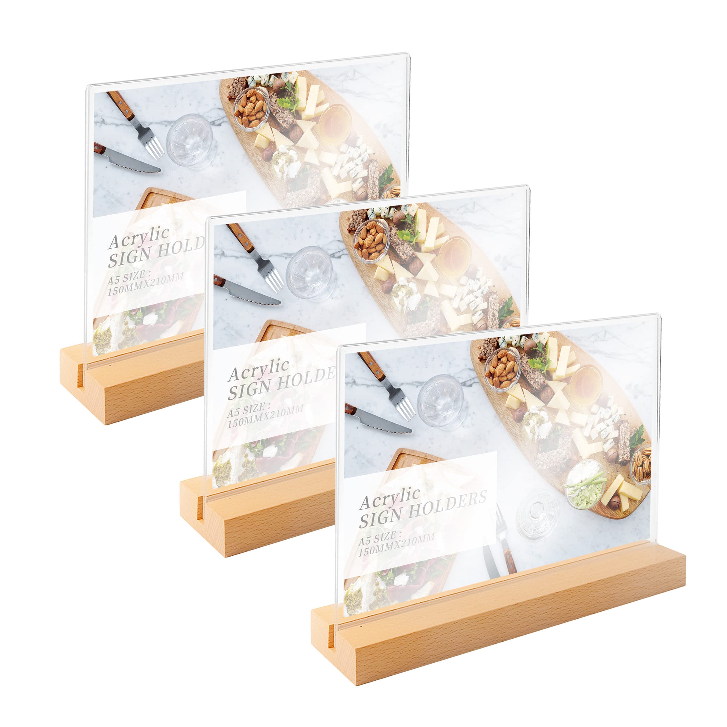 3 Pack Landscape Menu Holder A5 Acrylic Poster Menu Holder for Tables Wooden Base, Acrylic Sign Holders A5 Acrylic Stands for Display, A5 Horizontal
