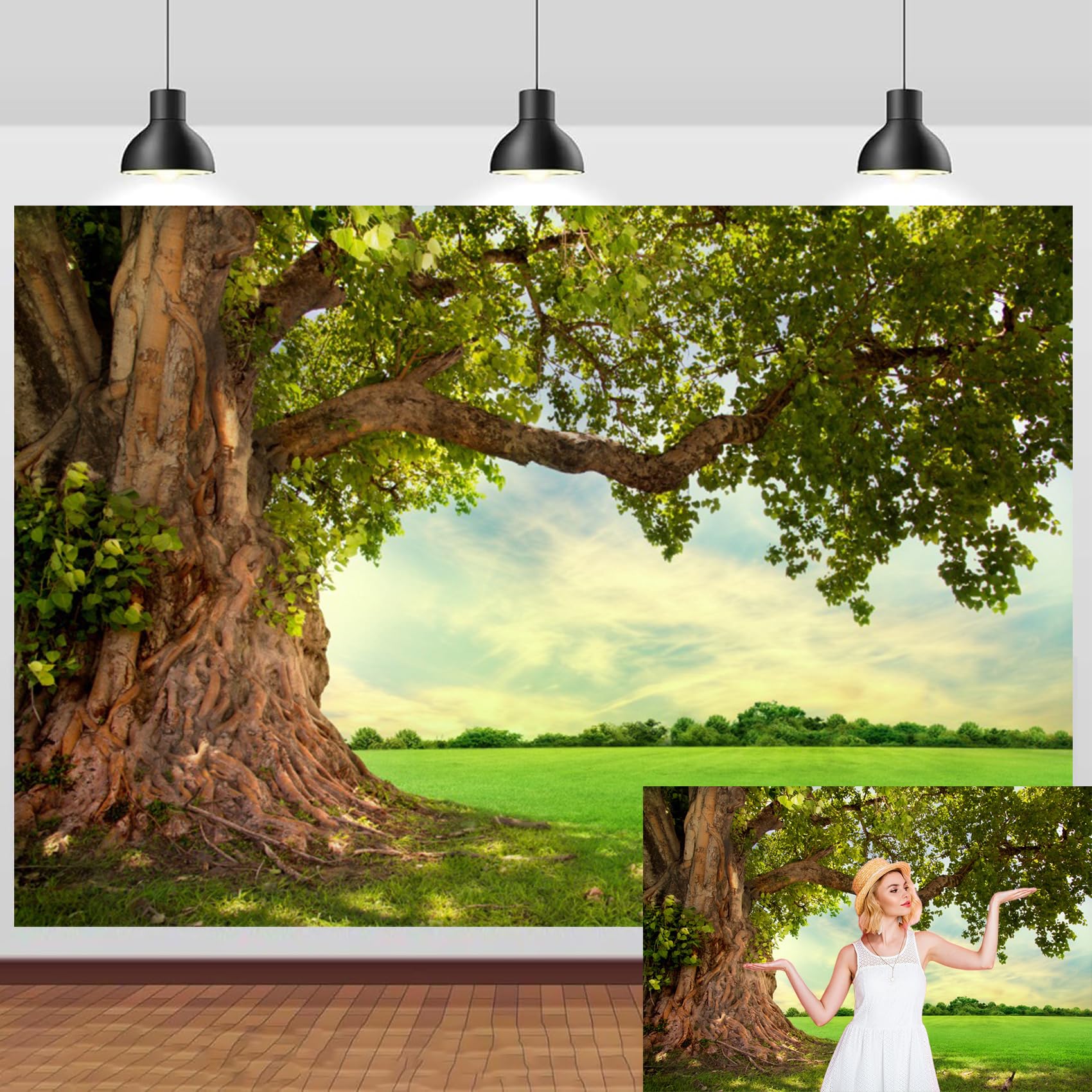 Photo 1 of CSFOTO 7x5ft Polyester Huge Tree Backdrop Rural Scenery Field Spring Summer Countryside Outdoor Picnic Background Nature Backdrop for Wedding Photos Nature Backdrops Vacation Photo Wallpaper