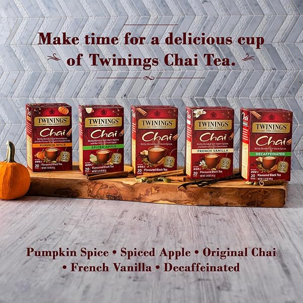 TWININGS DECAFFEINATED CHAI TEA, BLACK TEA BLEND WITH CINNAMON, GINGER, CARDAMON, CLOVES FOR A SWEET AND SPICY FLAVOR, 20 COUNT