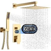 Longriver Shower Faucet Set with Hydro Power Temperature Display | Shower System 10 inch Shower Head with Handheld Spray, Wall Mounted Shower Fixture with Valve and Trim Kit, Brushed Gold