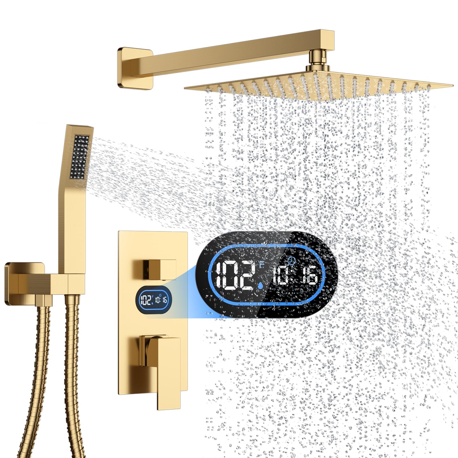 Photo 1 of Shower Faucet Set with Hydro Power Temperature Display, Shower System Bathroom 10 Inches Shower Head with Handheld Spray, Wall Mounted Shower Fixtures with Shower Valve and Trim Kit, Brushed Gold