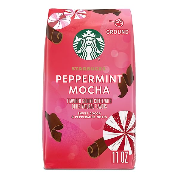 STARBUCKS GROUND COFFEE, PEPPERMINT MOCHA NATURALLY FLAVORED COFFEE, 100% ARABICA, LIMITED EDITION HOLIDAY COFFEE, 1 BAG (11 OZ)