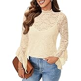 Vrtige Women's Elegant Lace Blouse Mock Neck Bell Long Sleeve Sheer Blouse Shirt Top
