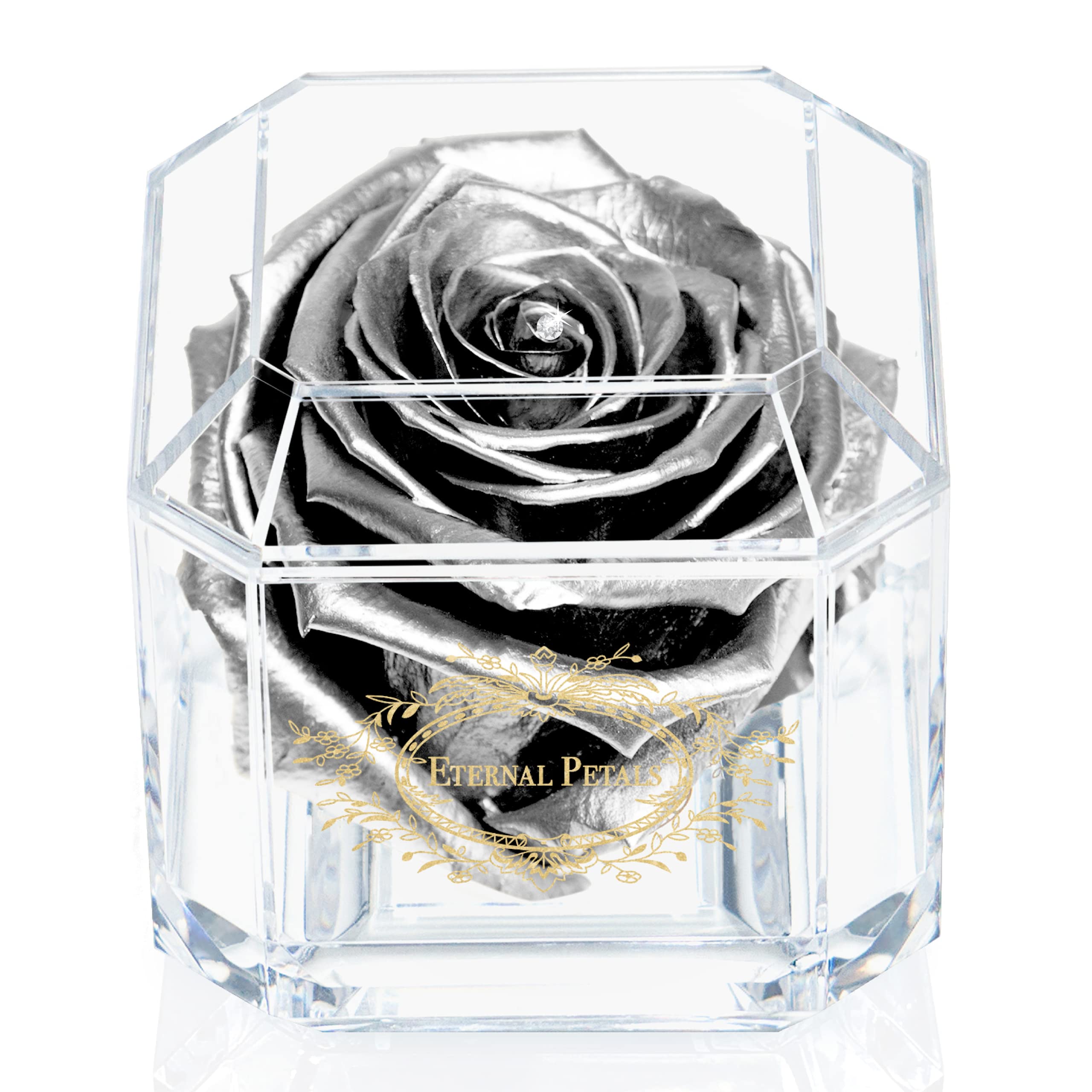 A 100% Real Rose That Lasts Years - Eternal Petals, Handmade in UK – Gold Solo with A Clear Crystal (Silver)