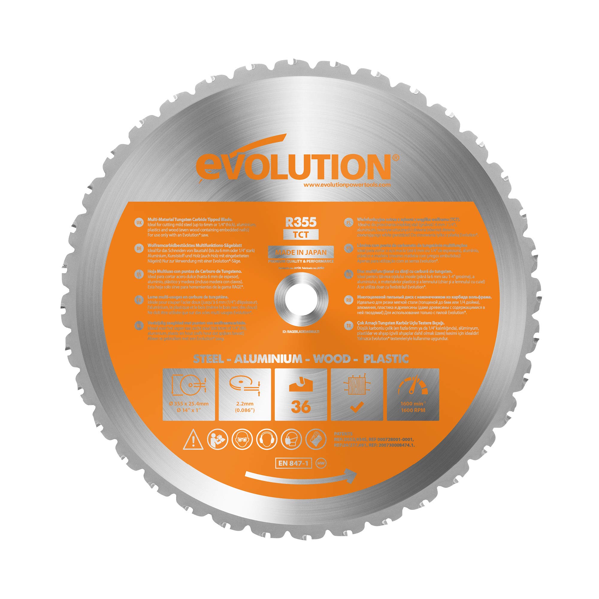 Evolution RAGEBLADE355MULTI - 355 mm Multi Material Chop Saw Blade (AKA Wood Blade, Metal Cutting Blade, TCT Saw Blade) - Carbide Tipped Blade Cuts Wood, Metal and Plastic