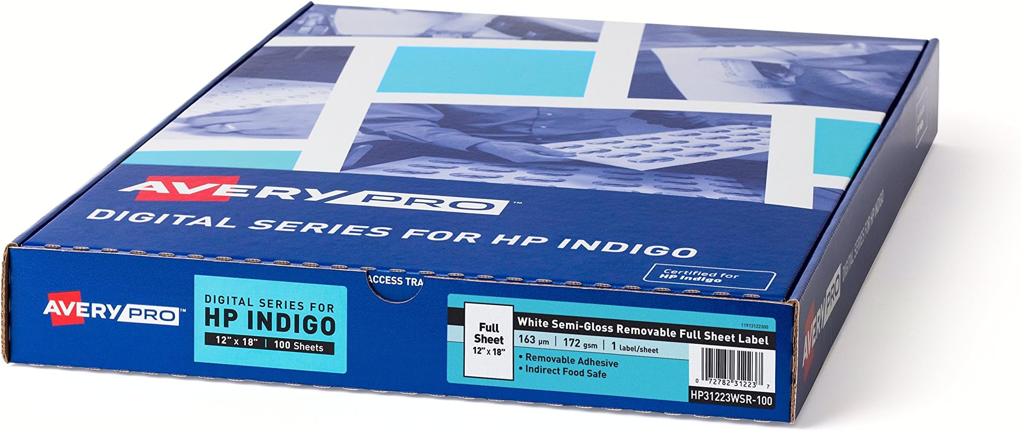 AveryPRO Semi-Gloss Removable Label Stock for HP Indigo Digital Presses, 12"x18", 100 Sheets, White (31223)