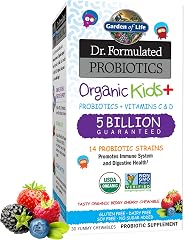 Garden of Life Dr. Formulated Organic Kids+ Probiotics, Berry Cherry, 30ct | Digestive Health Support with Prebiotic Fiber & 